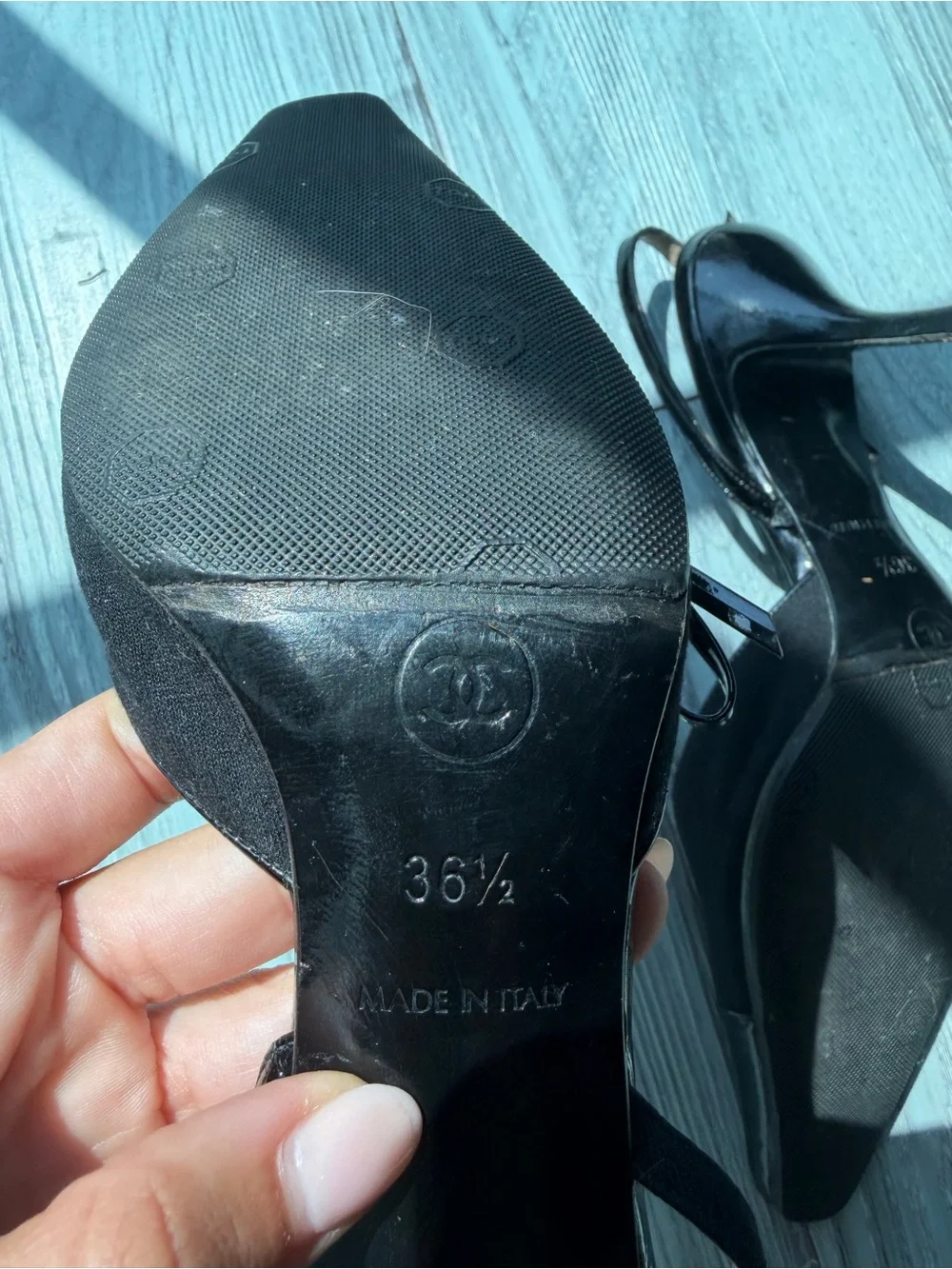 CHANEL Black Patent & Fabric Slingback Heels with Bow Accent